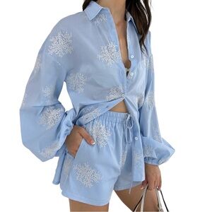 Commense Blue Sheer Embroidered Blouse & Shorts Set Small NWT